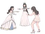  3girls black_hair bridal_gauntlets brown_hair dress final_fantasy final_fantasy_ix final_fantasy_vii final_fantasy_vii_rebirth final_fantasy_vii_remake final_fantasy_viii garnet_til_alexandros_xvii high_heels highres hugo_artist in-franchise_crossover long_dress long_hair low-tied_long_hair meme multicolored_hair multiple_girls official_alternate_costume open_mouth pointing pointing_spider-man_(meme) princess_rosa_costume rinoa_heartilly short_dress streaked_hair sweatdrop tiara tifa_lockhart tifa_lockhart_(loveless_dress) trait_connection white_dress 