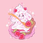 ;d alcremie artist_name blush_stickers commentary food fruit happy holding holding_spoon leaphere looking_at_viewer no_humans one_eye_closed open_mouth pink_background pokemon pokemon_(creature) smile sparkle spoon star_(symbol) strawberry 