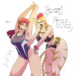  2girls absurdres armpits bare_shoulders bikini blonde_hair breasts brown_hair cammy_white collarbone cupperexe highres kasugano_sakura multiple_girls open_mouth simple_background smile standing street_fighter swimsuit teeth thighs tongue yuri 