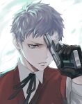  1boy black_gloves closed_mouth collared_shirt commentary evoker gloves grey_eyes grey_hair gun gun_to_head holding holding_gun holding_weapon isa_(peien516) long_sleeves male_focus persona persona_3 portrait red_sweater_vest sanada_akihiko serious shirt short_hair simple_background sketch solo sweater_vest very_short_hair weapon white_background 