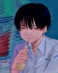  1boy black_hair eating food grey_eyes hair_between_eyes hikaru_ga_shinda_natsu holding holding_food looking_at_viewer male_focus mouth_hold papico_(ice_cream) shirt short_hair tsujinaka_yoshiki upper_body white_shirt 