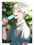  1boy annyu blue_eyes blush dappled_sunlight day eating fangs food hand_up highres hikaru_(hikaru_ga_shinda_natsu) hikaru_ga_shinda_natsu holding holding_food holding_popsicle leaf male_focus outdoors popsicle red_pupils shirt short_sleeves solo sunlight tongue tongue_out watch white_hair white_shirt wristwatch 