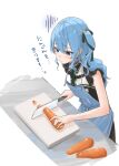  1girl absurdres apron black_dress black_ribbon blue_apron blue_eyes blue_hair carrot chopping collared_dress cutting_board dress from_above hair_ornament hair_ribbon highres hololive hoshimachi_suisei hoshimachi_suisei_(streetwear) kitchen_knife lace_sleeves long_hair nisi_ki_no official_alternate_costume ribbon side_ponytail solo star_(symbol) star_hair_ornament virtual_youtuber white_background white_dress worried 