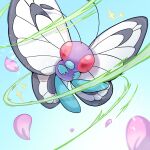  animal_focus butterfree commentary_request day falling_petals fangs flying highres ichino_cco no_humans outdoors petals pink_eyes pokemon pokemon_(creature) solo sparkle 