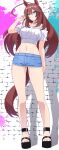  1girl absurdres ahoge animal_ears ass_visible_through_thighs bare_shoulders blue_eyes breasts brown_hair closed_mouth collarbone commentary_request crop_top cropped_shirt denim denim_shorts drop_shadow full_body groin hair_between_eyes hand_up highres horse_ears horse_girl horse_tail huge_ahoge large_breasts long_hair looking_at_viewer midriff mihono_bourbon_(umamusume) navel off-shoulder_shirt off_shoulder reibun_(raven1119) shadow shirt short_shorts short_sleeves shorts sidelocks solo standing tail umamusume wedge_heels white_shirt 