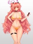  1girl bikini black_choker blue_archive breasts cellphone cellphone_charm charm_(object) choker demon_horns double_bun gold_bikini grin groin hair_bun halo hand_on_own_hip highres holding holding_phone horns kirara_(blue_archive) large_breasts long_hair navel notte phone pink_eyes pink_hair pink_halo skindentation smartphone smile solo stomach swimsuit thigh_gap thigh_strap thighs very_long_hair wavy_hair 