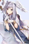  1girl blue_eyes closed_mouth edamameoka gloves grey_hair head_wings highres long_hair melia_antiqua o-ring smile solo staff very_long_hair white_gloves white_wings wings xenoblade_chronicles_(series) xenoblade_chronicles_1 xenoblade_chronicles_3 