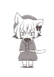  1girl :&lt; animal_ears beret cat_ears cat_girl cat_tail chibi commentary_request dress ear_down flipped_hair full_body glaring greyscale hat highres jacket long_sleeves looking_at_viewer mogito monochrome open_clothes open_jacket sayo_(voicevox) short_hair simple_background sleeves_past_wrists slit_pupils solo standing tail v-shaped_eyebrows v-shaped_eyes voicevox 