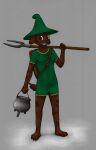  animew anthro barefoot black_nose black_spots breasts canid canine canis cauldron claws clothing coco_chockshund_(animew) dark_body domestic_dog eyebrows feet female green_eyes hat headgear headwear hi_res holding_object holding_pitchfork holding_tool looking_at_viewer mammal open_mouth pitchfork shield simple_background smile spots spotted_body standing toe_claws tongue tools tunic 