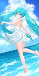  1girl absurdres aqua_eyes aqua_hair backless_dress backless_outfit bare_arms bare_back bare_legs bare_shoulders barefoot blue_sky blush breasts cloud commentary day dress dutch_angle full_body grin hair_between_eyes hatsune_miku highres horizon leg_up long_hair looking_at_viewer looking_back mikoo_o39 ocean outdoors sideboob sidelocks sky sleeveless sleeveless_dress small_breasts smile solo splashing standing standing_on_one_leg summer sundress twintails very_long_hair vocaloid wading white_dress 