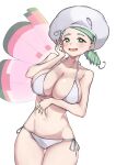  1girl absurdres arm_under_breasts bikini blush breasts cowboy_shot green_eyes green_hair hand_on_own_cheek hand_on_own_face hat highres katy_(pokemon) large_breasts looking_at_viewer low_side_ponytail mole mole_on_cheek nonoro_(potato461) open_mouth pokemon pokemon_sv side-tie_bikini_bottom smile solo string_bikini swimsuit white_background white_bikini white_hat 