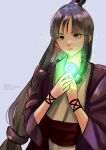  1girl absurdres ace_attorney beads black_eyes black_hair closed_mouth eyelashes glowing grey_background hair_beads hair_ornament highres japanese_clothes long_hair long_sleeves magatama maya_fey rat_nkmi solo twitter_username upper_body very_long_hair wide_sleeves 