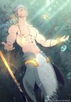  1boy abs absurdres bara bubble chinstrap_beard closed_eyes closed_mouth coral_island gold_bracelet grey_hair highres holding holding_jewelry holding_necklace jewelry large_pectorals light_rays male_focus merman mermay_2023 monster_boy muscular muscular_male navel_hair necklace nipples outstretched_arms pectorals polearm scar scar_on_face semeru_(coral_island) short_hair solo soul_patch spread_arms sunbeam sunlight topless_male undercut underwater weapon zwei2x 