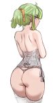  1girl ass back bare_back bow_(bhp) character_request commentary_request copyright_request from_behind green_hair grey_panties hair_ribbon looking_at_viewer looking_back orange_ribbon panties ponytail ribbon short_hair side-tie_panties sidelocks simple_background solo thighhighs underwear white_background white_thighhighs 