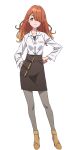  1girl brown_eyes brown_footwear brown_hair brown_pantyhose brown_skirt closed_mouth collared_shirt colored_tips dress_shirt full_body hair_ornament hair_over_one_eye hairclip hands_on_own_hips highres honami_(yoru_no_kurage_wa_oyogenai) long_hair looking_at_viewer multicolored_hair official_art pantyhose shirt shirt_tucked_in simple_background skirt solo transparent_background white_shirt yoru_no_kurage_wa_oyogenai 