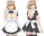  1girl ahoge alternate_costume anis_(nikke) apron bow bowtie breasts brown_eyes brown_hair cleavage frills goddess_of_victory:_nikke highres large_breasts looking_at_viewer maid maid_apron maid_headdress puffy_short_sleeves puffy_sleeves short_hair short_sleeves white_background 