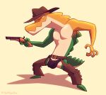  anthro bulge chaps clothed clothing crocodilian genitals glitch_productions gummigoo_(tadc) gun hat headgear headwear hi_res male midnightroad penis penis_base ranged_weapon reptile scalie solo the_amazing_digital_circus topless underwear weapon 
