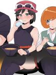 3boys blush bowl bracelet calem_(pokemon) chinese_spoon clenched_hand closed_mouth collared_shirt commentary_request cosplay crossdressing crossed_legs cup eyewear_on_headwear food hand_up hat highres holding holding_cup jewelry male_focus multiple_boys pokemon pokemon_xy sana_(37pisana) serena_(pokemon) serena_(pokemon)_(cosplay) shirt sitting skirt sleeveless sleeveless_shirt soup stool sunglasses sweat thighhighs tierno_(pokemon) trevor_(pokemon) water 