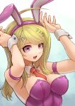  1girl :d absurdres akamatsu_kaede animal_ears arms_up bare_shoulders blonde_hair breasts cleavage danganronpa_(series) danganronpa_v3:_killing_harmony detached_collar fake_animal_ears gradient_background hair_ornament highres large_breasts leotard long_hair musical_note musical_note_hair_ornament necktie official_alternate_costume open_mouth orange_necktie pink_leotard playboy_bunny smile solo strapless strapless_leotard teeth upper_teeth_only youko-shima 
