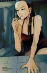  1girl ace_attorney applying_makeup bare_arms black_hair blurry blurry_background callisto_yew collarbone cosmetics dress freckles highres holding holding_lipstick_tube lipstick lipstick_tube long_hair looking_ahead makeup rat_nkmi red_dress red_nails solo twitter_username 