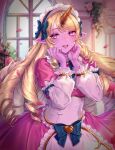  1girl absurdres blonde_hair blush bow bowtie breasts cafe_cuties_(league_of_legends) cafe_cuties_soraka colored_skin cowboy_shot dress drill_hair flower green_bow grin hair_bow hands_up highres horns league_of_legends long_hair long_sleeves maid maid_day maid_headdress nail_polish nyaamen_fork official_alternate_costume petals pink_flower pink_nails pink_skin pointy_ears single_horn smile solo soraka_(league_of_legends) teeth twin_drills window 
