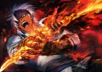  1boy absurdres alphen_(tales) broken_mask brown_gloves burnt_clothes dark-skinned_male dark_skin fire flame flaming_sword flaming_weapon gloves half_mask highres mask nukegara102 open_clothes open_collar open_mouth open_shirt spiked_hair sword tales_of_(series) tales_of_arise weapon white_hair wide-eyed 