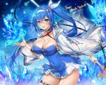  1girl :d blue_dress blue_eyes blue_hair blue_theme blush breasts cleavage collarbone commission commissioner_name covered_navel cowboy_shot dress hairband holding holding_weapon ice ice_crystal jacket large_breasts long_hair looking_at_viewer magic_circle munlu_(wolupus) open_clothes open_jacket open_mouth original ponytail shiny_skin skeb_commission smile snowflakes solo teeth thigh_strap thighhighs upper_teeth_only weapon white_hairband white_jacket wide_sleeves 