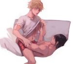  2boys black_hair blonde_hair blush chainsaw_man clothes_pull collarbone couch crispyfrites cropped_legs denji_(chainsaw_man) hair_between_eyes hand_in_another&#039;s_clothes hand_on_another&#039;s_arm hayakawa_aki highres male_focus multiple_boys navel on_couch open_mouth pants parted_lips piercing red_shorts shirt shirt_pull shorts teeth topless_male undressing_another white_background white_pants white_shirt yaoi yellow_eyes 