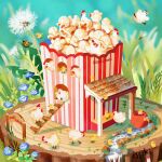  bird bug chick chicken dandelion flower food food_focus grass issiki_toaki ladybug no_humans original popcorn tree_stump water 