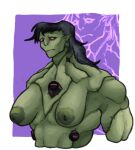  alien alien_humanoid ben_10 big_breasts black_hair breasts broad_shoulders cartoon_network clothed clothing electrode female green_body green_skin grey_hair hair huge_breasts humanoid humanoid_pointy_ears long_hair md34 multicolored_hair muscular muscular_arms muscular_female not_furry patchwork_creature pink_eyes solo stitch_(sewing) thick_neck topless transylian two_tone_hair vascular wide_shoulders 