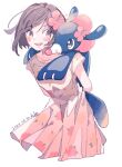  1girl :d alternate_costume arms_behind_back blush bright_pupils commentary_request dated dress floral_print flower hair_flower hair_ornament highres looking_to_the_side open_mouth pink_flower pokemon pokemon_(creature) pokemon_on_back pokemon_sm popplio print_dress r.aka. selene_(pokemon) short_hair short_sleeves signature smile teeth upper_teeth_only white_pupils 