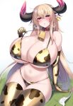  1girl absurdres animal_ears animal_print arm_support bell bikini blonde_hair blush breasts cleavage commentary_request cow_ears cow_horns cow_print cow_print_bikini cow_print_gloves cow_print_thighhighs cow_tail cowbell crossed_bangs curvy ear_tag elbow_gloves gloves gold_bikini gold_gloves gold_thighhighs gradient_background grass highres horns huge_breasts kubiwa_(kutan) kutan long_hair looking_at_viewer navel open_mouth original print_bikini print_gloves print_thighhighs red_eyes sitting solo swimsuit tail thighhighs very_long_hair white_background 