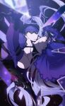  1girl absurdres bare_shoulders black_swan_(honkai:_star_rail) breasts card cleavage closed_mouth collarbone elbow_gloves gloves hair_between_eyes highres honkai:_star_rail honkai_(series) looking_at_viewer multicolored_eyes purple_gloves purple_hair purple_veil qtoro solo 