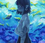  1girl anchor aquarium black_hair black_skirt blue_background blue_eyes blue_theme coral earrings fish frown heikala highres holding_own_arm jewelry looking_at_viewer medium_hair original painting_(medium) pointy_ears profile scales shirt shirt_tucked_in short_sleeves skirt solo traditional_media watercolor_(medium) white_shirt 