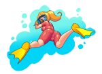  1girl absurdres artist_name ass blue_eyes bodysuit cameltoe commentary diving_suit flippers from_behind highres long_hair looking_at_viewer looking_back minuspal mona_(warioware) orange_hair ponytail scuba_gear symbol-only_commentary underwater variant_set warioware warioware:_move_it! wetsuit 