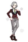  1girl bangs cleavage_cutout clothing_cutout denonbu earrings green_eyes grey_hair haijima_ginka jacket jewelry long_sleeves looking_at_viewer mika_pikazo necktie open_mouth pants shoes short_hair smile sneakers solo 