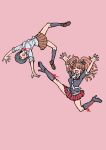  2girls :d absurdres arms_up bear_hair_ornament black_footwear black_necktie black_shirt black_socks blonde_hair boots bow breasts brown_footwear brown_skirt closed_eyes danganronpa:_trigger_happy_havoc danganronpa_(series) enoshima_junko freckles grey_necktie grey_shirt hair_ornament highres ikusaba_mukuro knee_boots kneehighs long_hair medium_breasts miniskirt multiple_girls neck_ribbon necktie open_mouth pink_background pleated_skirt red_bow red_ribbon red_skirt ribbon shirt siblings simple_background sisters skirt smile socks twintails youko-shima 