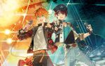  2boys belt black_gloves blue_eyes ensemble_stars! gloves hat microphone multiple_boys orange_hair pants red_hair smile starshadowmagician 