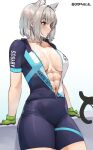  1girl abs absurdres animal_ear_fluff animal_ears arm_support bangs bicycle blue_archive blue_eyes breasts center_opening collarbone cromwellb extra_ears gloves grey_hair ground_vehicle highres looking_to_the_side medium_breasts medium_hair muscular muscular_female shiroko_(blue_archive) shiroko_(cycling)_(blue_archive) simple_background solo sportswear sweat taut_clothes text_print tsurime twitter_username wolf_ears 