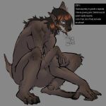  absurd_res anthro breasts brown_body brown_fur brown_hair canid canine claws crouching fangs female fur hair hi_res mammal mid_transformation nipples nude paws solo teeth thecore34 