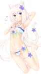  1girl animal_ear_fluff animal_ears arm_behind_head arm_up armpits barefoot bikini blue_eyes blue_nails blush breasts cat_ears cat_girl cat_tail commentary feet finger_to_mouth flower frilled_bikini frills full_body hair_flower hair_ornament highres long_hair looking_at_viewer nail_polish navel nekopara parted_lips simple_background small_breasts solo stomach swimsuit tail tail_flower tail_ornament thigh_strap toenail_polish toenails vanilla_(nekopara) very_long_hair white_background white_hair yuzuki_yuki_(another_yuki) 