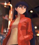  1girl azuma_kiyohiko azumanga_daioh bad_id black_hair blue_eyes blurry blurry_background breasts brown_sweater casual closed_mouth commentary expressionless from_below hand_in_pocket indoors jacket long_hair looking_afar looking_to_the_side medium_breasts official_art open_clothes open_jacket red_jacket ribbed_sweater sakaki_(azumanga_daioh) solo standing sweater turtleneck turtleneck_sweater upper_body very_long_hair 