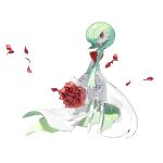  1other aisutabetao bouquet colored_skin flower full_body gardevoir green_hair green_skin highres holding holding_bouquet looking_at_viewer multicolored_skin petals pokemon pokemon_(creature) red_eyes red_flower red_rose red_skin rose simple_background solo white_background white_skin 