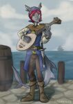  anthro bard barrel claws clothed clothing dagger digital_media_(artwork) docks female fish grey_body hair hi_res holding_object long_ears lute marine melee_weapon musical_instrument plucked_string_instrument red_hair sea sealer4258 serra_(sealer4258) shark shark_fin shark_tail solo string_instrument tail water weapon 