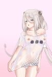  1girl animal_ears bare_shoulders blue_eyes blush bottomless breasts cleft_of_venus earrings female_pubic_hair grey_hair heart highres hololive jelly_fish jewelry lion_ears lion_girl lion_tail long_hair looking_at_viewer navel nipples off_shoulder open_mouth pubic_hair purple_background see-through see-through_shirt shishiro_botan simple_background solo tail virtual_youtuber 