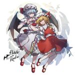  2girls ascot black_wings blonde_hair blue_archive brooch collared_shirt crystal fighting_stance flandre_scarlet frilled_shirt_collar frilled_skirt frilled_sleeves frills hair_between_eyes hat highres jewelry long_hair mob_cap multiple_girls open_mouth orange_ascot puffy_short_sleeves puffy_sleeves red_ascot red_eyes red_footwear red_skirt red_vest remilia_scarlet shirt shishui_guima shoes short_sleeves siblings side_ponytail sisters skirt smile socks touhou vest white_hat white_shirt white_skirt white_socks wings wrist_cuffs 