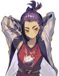  1boy arms_behind_head arms_up black_hair closed_mouth highres ikaooi1 jacket kieran_(pokemon) long_sleeves male_focus mole mole_under_eye multicolored_hair open_clothes open_jacket orange_eyes pokemon pokemon_sv purple_hair red_tank_top simple_background solo tank_top upper_body white_background white_jacket 