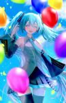  1girl :d balloon bangs black_skirt black_sleeves black_thighhighs blue_eyes blue_hair blue_necktie breasts collared_shirt commentary cowboy_shot detached_sleeves diandao_qin dress_shirt english_commentary floating_hair grey_shirt hair_between_eyes hatsune_miku headphones headset highres long_hair long_sleeves looking_at_viewer microphone miniskirt necktie open_mouth pleated_skirt shiny shiny_hair shirt skirt sleeveless sleeveless_shirt small_breasts smile solo standing thigh_gap thighhighs twintails very_long_hair vocaloid wing_collar zettai_ryouiki 