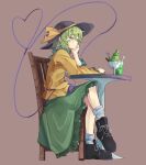  1girl black_footwear black_hair blue_eyes chair closed_mouth crossed_legs cup drink drinking_glass drinking_straw food frilled_shirt frills full_body green_hair green_skirt hand_up hashtag-only_commentary hat hat_ribbon heart heart_of_string ice_cream kanaria_(bocmn) komeiji_koishi long_sleeves looking_at_viewer on_chair ribbon shirt shoes sideways_glance sitting skirt solo table touhou yellow_ribbon yellow_shirt 