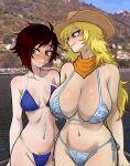  2girls bikini black_hair blonde_hair blurry blurry_background blush breasts centinel303 gradient_hair grey_eyes hat highres huge_breasts long_hair looking_at_another medium_breasts multicolored_hair multiple_girls navel orange_scarf outdoors photo_background purple_eyes red_hair ruby_rose rwby scarf short_hair sun_hat sweat swimsuit two-tone_hair yang_xiao_long 